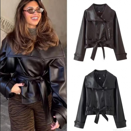 Women's Short PU Leather Jacket Double Breasted Belted Faux Leather Coat Retro Lapel Long Sleeve Streetwear Moto Biker Outerwear For Women