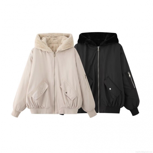 Women's Reversible Bomber Jacket Faux Lamb Wool Hooded Coat Warm Autumn Winter Outwear Casual Retro Zip Up Padded Jacket With Pockets