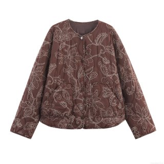 Women's Quilted Floral Embroidered Jacket Round Neck Single Breasted Short Coat Casual Elegant Outerwear Long Sleeve Button Down Brown Fashion Clothing