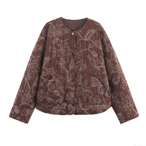 Women's Quilted Floral Embroidered Jacket Round Neck Single Breasted Short Coat Casual Elegant Outerwear Long Sleeve Button Down Brown Fashion Clothing