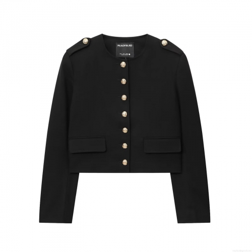 Women Elegant Chanel Style Short Jacket With Gold Lion Head Buttons Round Neck Long Sleeve Black Tailored Coat For Daily Office Party