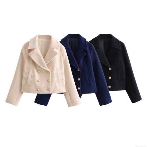 Women Short Double Breasted Woolen Coat Fashion Lapel Jacket With Gold Buttons Elegant Solid Color Outerwear For Office Daily Wear Lady Spring Autumn