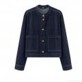 Women's Casual Denim Style Jacket 100% Polyester Single Breasted Round Neck Long Sleeve Outerwear With Pockets Solid Color Retro Coat