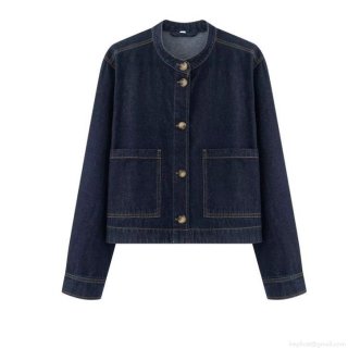 Women's Casual Denim Style Jacket 100% Polyester Single Breasted Round Neck Long Sleeve Outerwear With Pockets Solid Color Retro Coat