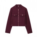 Women's Fashion Burgundy Short Woolen Jacket Zip Up Casual Bomber Outwear With Flap Pockets Elegant Stand Collar Long Sleeve Coat For Daily Commute Ladies