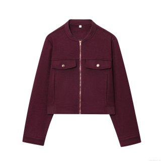 Women's Fashion Burgundy Short Woolen Jacket Zip Up Casual Bomber Outwear With Flap Pockets Elegant Stand Collar Long Sleeve Coat For Daily Commute Ladies