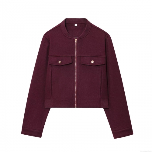 Women's Fashion Burgundy Short Woolen Jacket Zip Up Casual Bomber Outwear With Flap Pockets Elegant Stand Collar Long Sleeve Coat For Daily Commute Ladies