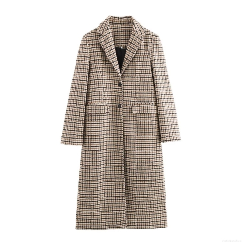 French Vintage Houndstooth Long Coat Women Polyester Blend Coarse Wool Lapel Double Breasted Overcoat Winter Warm Outerwear Elegant Streetwear