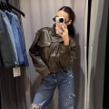 Women's Cropped PU Faux Leather Moto Jacket Dark Olive Green Streetwear Zipper Front Cargo Jacket With Pockets Fashion Outerwear For Autumn Spring