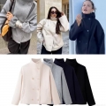 Women's Elegant Double Breasted Woolen Blend Short Coat Stand Collar Casual Loose Jacket Office Wear Solid Color Outwear