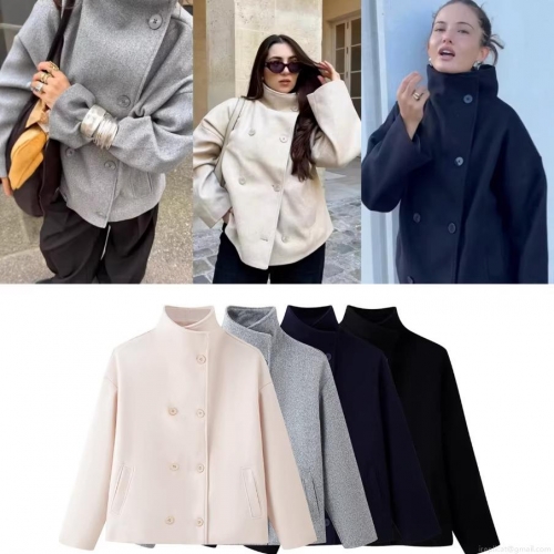 Women's Elegant Double Breasted Woolen Blend Short Coat Stand Collar Casual Loose Jacket Office Wear Solid Color Outwear