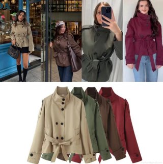 Women's Short Trench Coat Double Breasted Polyester Twill Jacket With Belt Elegant Lapel Outerwear For Autumn Spring Lady Fashion Epaulettes Top