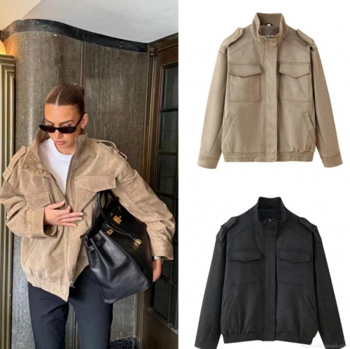 Women's Faux Suede Jacket Casual Zip Up Workwear Outerwear With Multi Pockets Stand Collar Long Sleeve Coat For Daily Outdoor Fashion