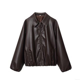 Women's Dark Brown Faux Leather Bomber Jacket Chic Motorcycle Pilot PU Leather Outwear With Satin Lining Zip Up Short Coat For Women Streetwear