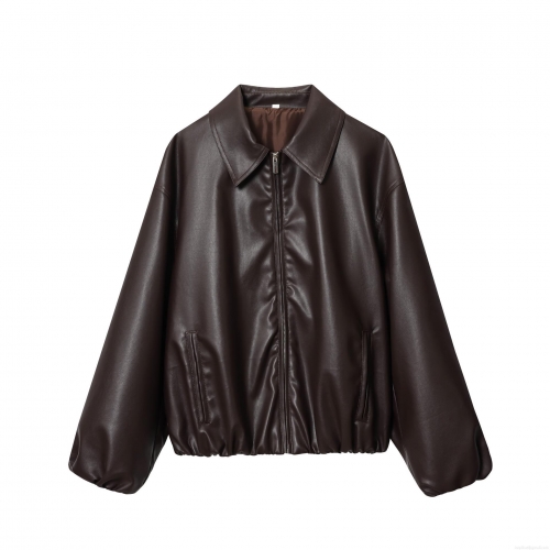 Women's Dark Brown Faux Leather Bomber Jacket Chic Motorcycle Pilot PU Leather Outwear With Satin Lining Zip Up Short Coat For Women Streetwear