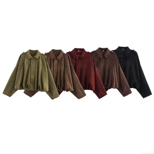 Women's Faux Suede Bomber Jacket Loose Oversized Batwing Sleeve Short Lapel Coat Solid Color Retro Streetwear Outerwear For Women