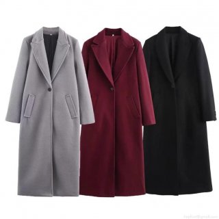 Women's Long Woolen Coat Classic Notch Lapel Single Breasted Overcoat Autumn Winter Warm Loose Fit Outerwear Solid Color Commuter Jacket for Ladies