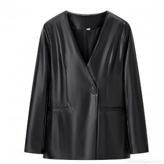 Women Vintage PU Leather Blazer Jacket V-Neck Single Breasted Long Sleeve Faux Leather Outwear Distressed Solid Color Coat With Polyester Lining For Women Streetwear Office