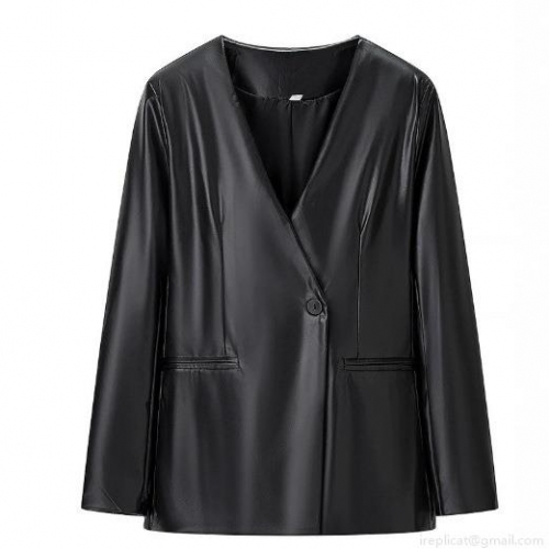 Women Vintage PU Leather Blazer Jacket V-Neck Single Breasted Long Sleeve Faux Leather Outwear Distressed Solid Color Coat With Polyester Lining For Women Streetwear Office