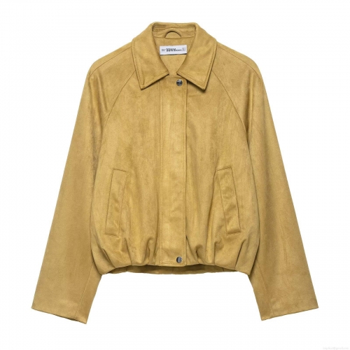 Women's Casual Faux Suede Bomber Jacket Loose Fit Turn-down Collar Zip Up Streetwear Coat With Pockets Solid Color Long Sleeve Outerwear