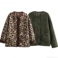 Women's Casual Sherpa Fleece Jacket Leopard Print Solid Green Long Sleeve Warm Faux Lamb Wool Button Down Outerwear Coat For Women Autumn Winter Fashion