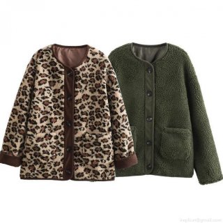 Women's Casual Sherpa Fleece Jacket Leopard Print Solid Green Long Sleeve Warm Faux Lamb Wool Button Down Outerwear Coat For Women Autumn Winter Fashion