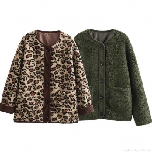 Women's Casual Sherpa Fleece Jacket Leopard Print Solid Green Long Sleeve Warm Faux Lamb Wool Button Down Outerwear Coat For Women Autumn Winter Fashion