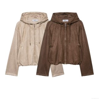 Women's Oversized Suede Hooded Jacket 100% Polyester Loose Zip Up Short Coat Solid Color Casual Outerwear With Drawstring And Pockets