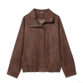 Women's American Retro Faux Suede Jacket Casual Solid Color Short Coat With Zipper Lapel Long Sleeve Outerwear For Autumn Winter Women Fashion