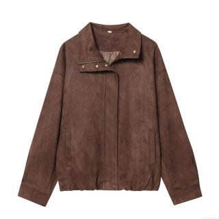 Women's American Retro Faux Suede Jacket Casual Solid Color Short Coat With Zipper Lapel Long Sleeve Outerwear For Autumn Winter Women Fashion
