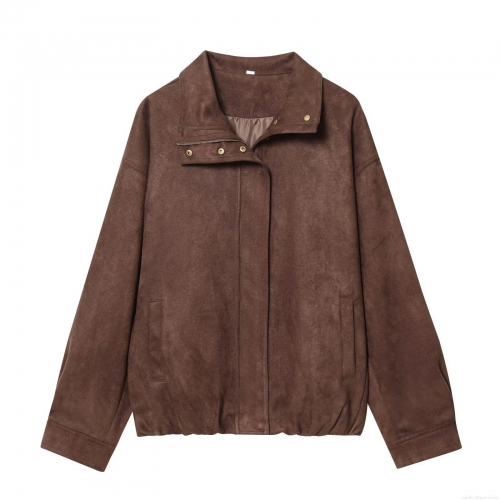 Women's American Retro Faux Suede Jacket Casual Solid Color Short Coat With Zipper Lapel Long Sleeve Outerwear For Autumn Winter Women Fashion