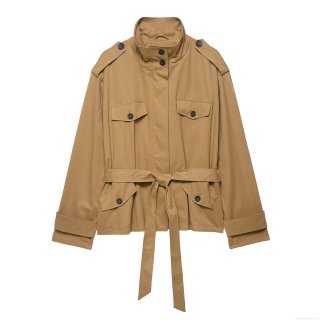 Women's Cropped Trench Coat Polyester Cotton Blend Utility Jacket With Belt Lapel Long Sleeve Solid Color Outerwear For Daily Office Streetwear