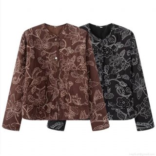 Women's Quilted Jacket Floral Embroidery Round Neck Long Sleeve Single Breasted Coat Loose Fit Casual Outerwear For Women Spring Autumn Streetwear