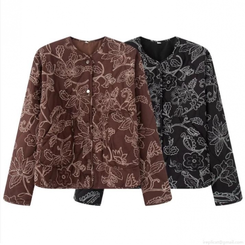 Women's Quilted Jacket Floral Embroidery Round Neck Long Sleeve Single Breasted Coat Loose Fit Casual Outerwear For Women Spring Autumn Streetwear