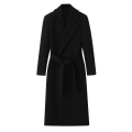 Women's Long Woolen Overcoat Elegant Solid Black Lapel Belted Jacket Autumn Winter Warm Streetwear Outerwear For Lady