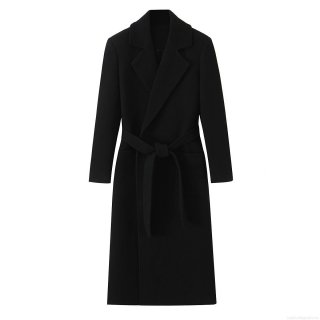 Women's Long Woolen Overcoat Elegant Solid Black Lapel Belted Jacket Autumn Winter Warm Streetwear Outerwear For Lady