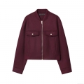 Women Fashion Short Bomber Jacket Wine Red Polyester Wool-like Texture Long Sleeve Zipper Coat With Chest Pockets Casual Slim Outerwear For Women