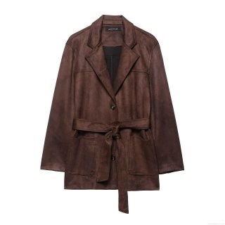Women's Suede Belted Jacket Elegant Long Sleeve Lapel Coat Autumn Solid Color Slim Outerwear With Pockets For Women