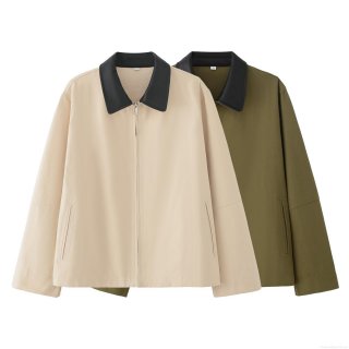 Women's Casual Short Jacket With PU Leather Contrast Lapel Zipper Closure Long Sleeve Polyester Color Block Fashion Coat For Daily Streetwear