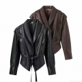 Women Moto PU Faux Leather Jacket Criss Cross Lacing Back With Belt Metal Eyelets Lapel Outerwear Vintage Gothic Socialite Casual Party Coats