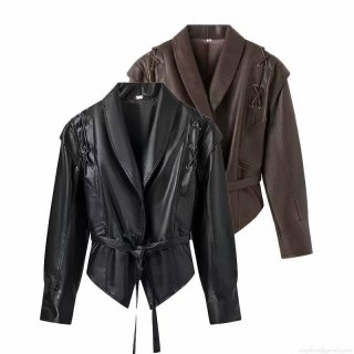 Women Moto PU Faux Leather Jacket Criss Cross Lacing Back With Belt Metal Eyelets Lapel Outerwear Vintage Gothic Socialite Casual Party Coats