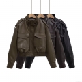 Women's Faux Leather Moto Jacket Cropped PU Bomber Coat With Cargo Pockets And Epaulette Long Sleeve Zip Up Streetwear Outwear For Women