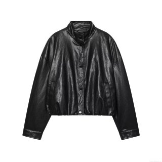 Women's Faux Leather Bomber Jacket Stand Collar Long Sleeve PU Leather Biker Coat With Snap Buttons Elastic Hem Casual Short Outerwear For Women