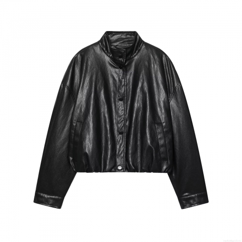 Women's Faux Leather Bomber Jacket Stand Collar Long Sleeve PU Leather Biker Coat With Snap Buttons Elastic Hem Casual Short Outerwear For Women