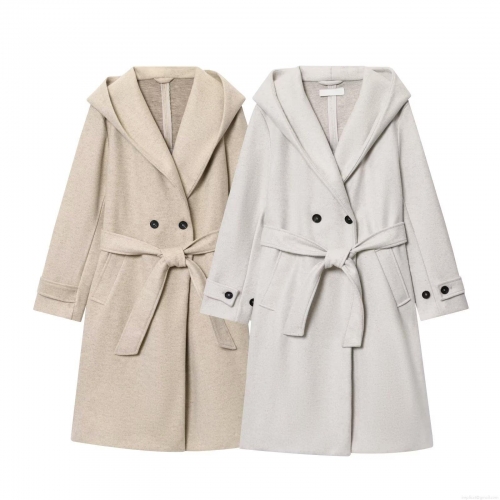 Women's Casual Hooded Wool-like Coat Long Double-Breasted Trench Coat With Belt Solid Color Loose Fit Spring Autumn Outerwear For Women