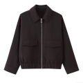 Women's Casual Loose Zip Up Crop Jacket Polyester Turn Down Collar Solid Color Streetwear Outerwear Coat With Pockets For Spring Autumn
