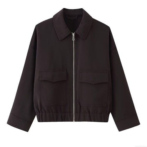 Women's Casual Loose Zip Up Crop Jacket Polyester Turn Down Collar Solid Color Streetwear Outerwear Coat With Pockets For Spring Autumn