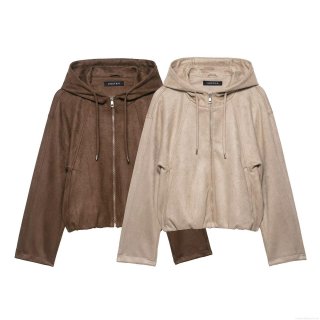 Women's Faux Suede Hooded Bomber Jacket Casual Solid Color Zip Up Outerwear Streetwear Loose Fit Coat For Autumn Spring Lady Fashion