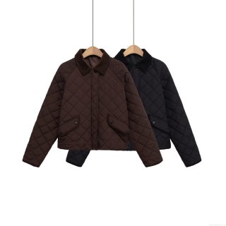 Women's Vintage Diamond Quilted Jacket Long Sleeve Cotton Padded Coat Corduroy Collar Casual Winter Warm Outerwear With Pockets