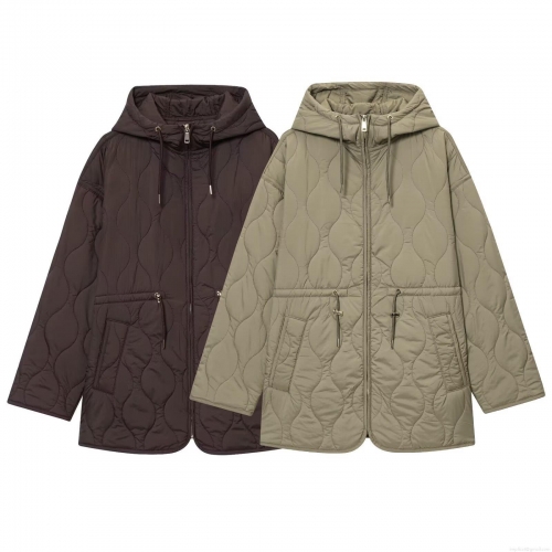 Women's Hooded Quilted Coat Polyester Cotton Blend Wave Quilted Jacket With Waist Drawstring Casual Lightweight Windproof Puffer Outerwear For Autumn Winter Ladies